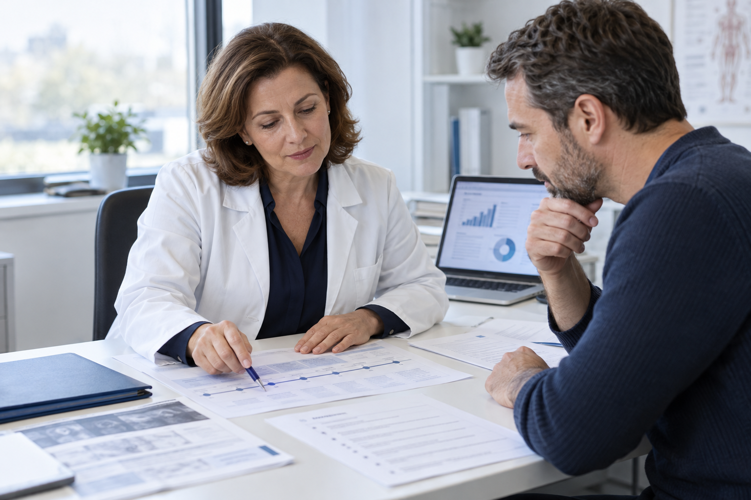 Специалист и посетитель обсуждают медицинские документы, хронологию и вопросы для исследования